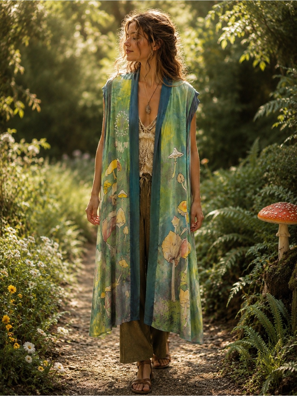 SILK MUSHROOM FOREST FAIRY ARTSY LONGLINE KIMONO CARDIGAN SIZE LARGE
